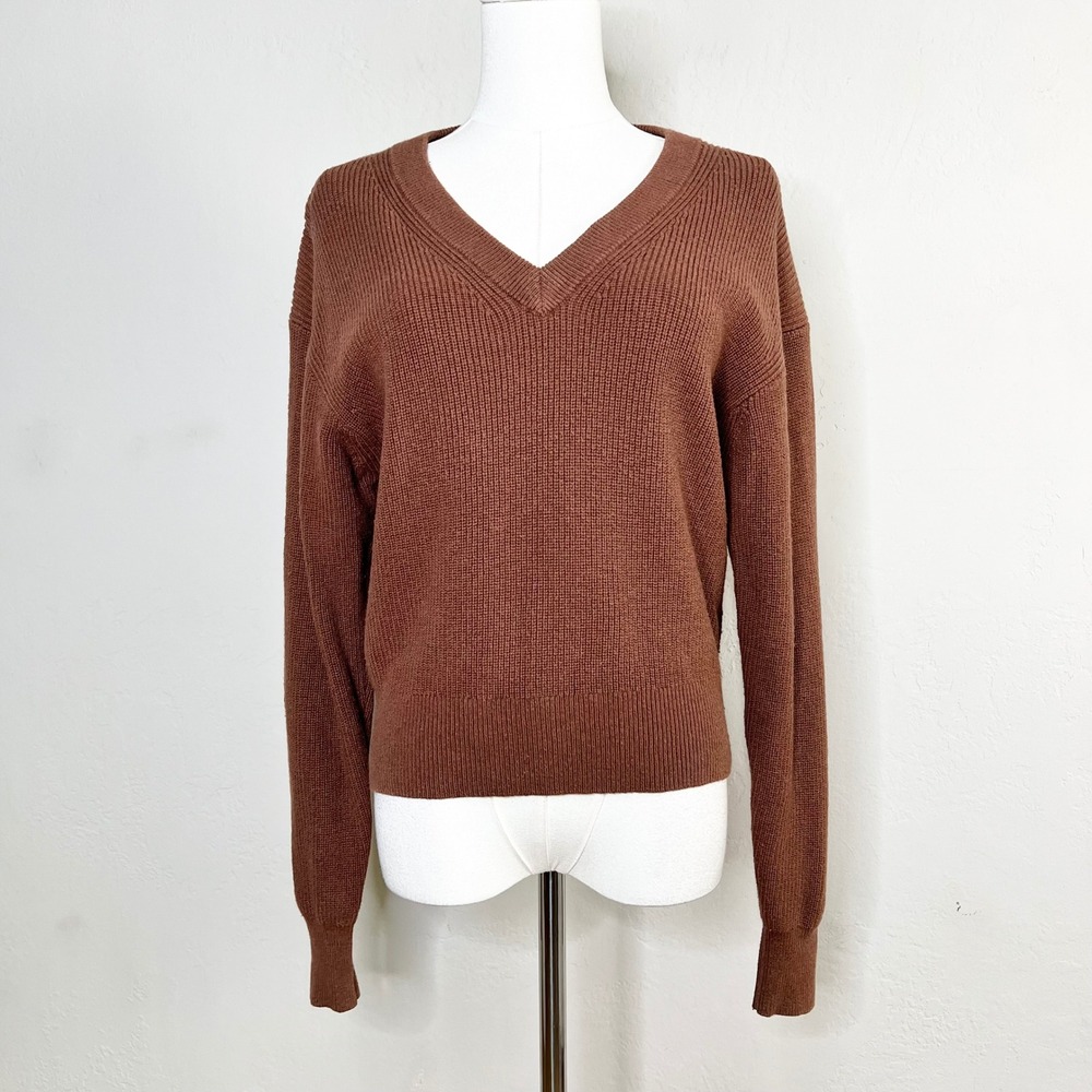 Wilfred Aritzia Brown Merino Wool Cotton V-Neck Pullover Sweater Knit Size Small